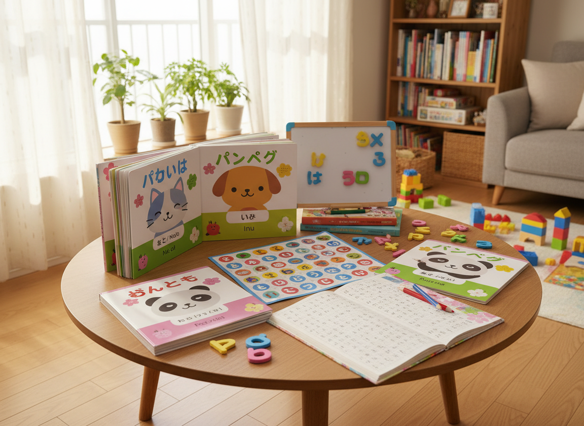 A cozy, low wooden table in a bright family living room, completely covered with colorful Japanese learning materials. A well-worn hiragana chart with rounded, child-friendly fonts lies in the center, surrounded by sturdy picture books showing cute animals labeled in both Japanese and English, soft foam kana magnets scattered near a small whiteboard, and a pair of tiny red-and-blue pencils resting by an open notebook filled with neat handwritten characters. Soft morning light filters through gauzy curtains, creating a gentle glow on the smooth wood floor and casting playful shadows from nearby houseplants. Photographic realism, shot at eye level with a slight angle, shallow depth of field keeping the table sharp while the background toys and bookshelf blur into a warm, inviting, playful atmosphere.