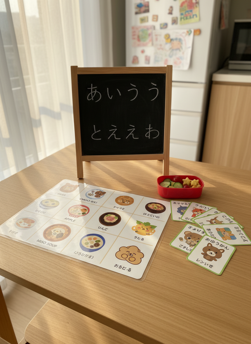 A neatly organized kitchen table transformed into a Japanese language play zone, featuring a laminated bilingual placemat with labeled foods like onigiri, apples, and miso soup in both romaji and hiragana. Beside it, a set of sturdy flashcards with bright illustrations fans out next to a small, open bento box filled with simple, colorful snacks. On the far side of the table, a child-sized chalkboard displays large, carefully drawn kana characters. Golden afternoon light pours in from a nearby window, illuminating wood grain and soft pastel colors, while the background shows a slightly blurred refrigerator with Japanese word magnets. Photographic realism, shot from a slightly elevated angle, with a clean, modern, playful atmosphere perfect for bilingual family learning.